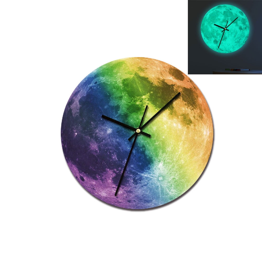 3D Luminous Large Moon Fluorescent Wall clock Removable Glow In The