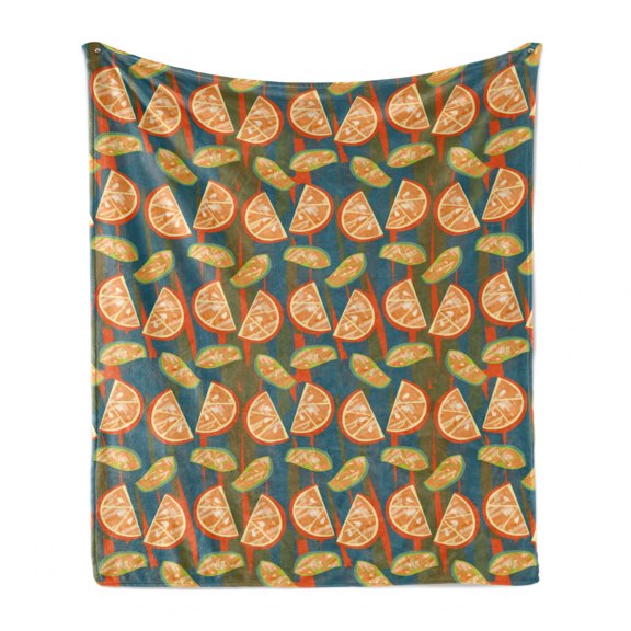 Fruits Soft Flannel Fleece Throw Blanket, Orange and Lemon Slices on Blue Fawn Vermilion Colored Vertical Stripes Backdrop, Cozy Plush for Indoor and Outdoor Use, 50" x 70", Multicolor, by Ambesonne