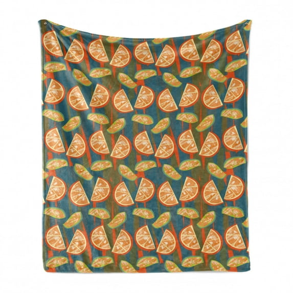 Fruits Soft Flannel Fleece Throw Blanket, Orange and Lemon Slices on Blue Fawn Vermilion Colored Vertical Stripes Backdrop, Cozy Plush for Indoor and Outdoor Use, 50" x 70", Multicolor, by Ambesonne