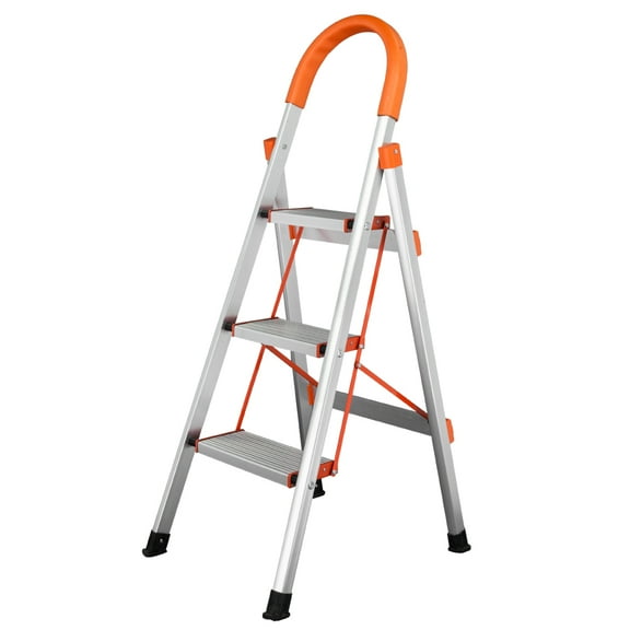 Step Ladder with Handrails, Folding 3-Step Aluminum Ladder with Non-Slip Rubber Feet and Anti-Slip Pedal, Modern Home Use Portable Step Stool Ladder for Adults, 330lb Capacity, Orange&Silver, J2628