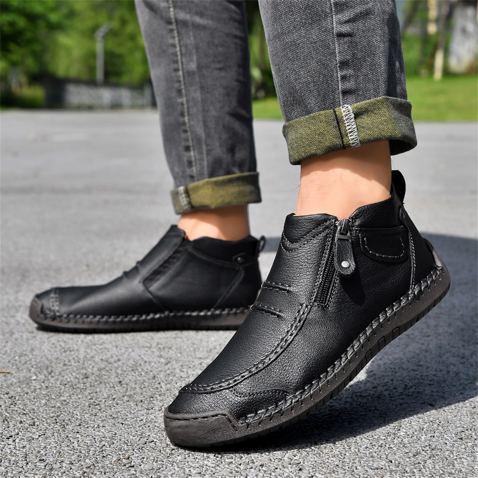HTHLVMD Side Zipper Boots for Men, Men’S Slip-On Orthopedic Leather Boots,Men’S Handmade Premium Leather Slip-On Driving Boots,Men Side Zipper Orthopedic Shoes for Driving Hiking, Black 11.5