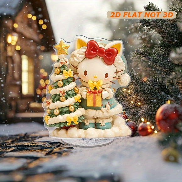 Rotatable acrylic ornament featuring a cute baby Hello Kitty Christmas tree holding festive gifts in a smooth resin design against a white background