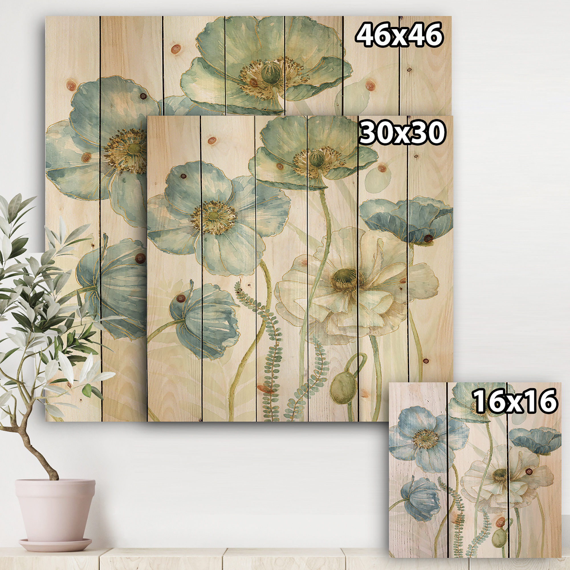Designart 'Abstract Blue Cottage Flowers Drawing II' Farmhouse Print on Natural Pine Wood