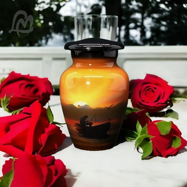 Lovely Boat Man with Sunset Keepsake Cremation Urn for Human Ashes with Velvet Box & Velvet Bag-Mini Keepsake Urn