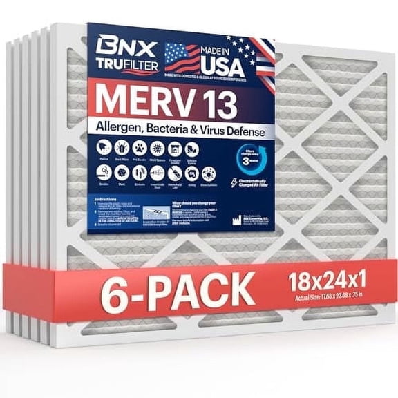 BNX TruFilter 18x24x1 Air Filter MERV 13 (6-Pack) - MADE IN USA - Electrostatic Pleated Air Conditioner HVAC AC Furnace Filters for Allergies, Pollen, Mold, Bacteria, Smoke, Allergen, MPR 1900 FPR 10