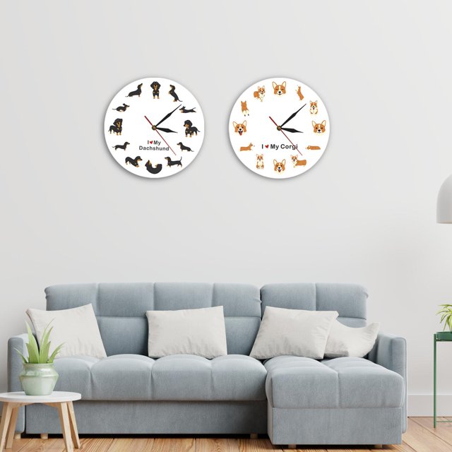 2x Relojes de pared Decoración silenciosa Decoración artística Perro para el hogar Comedor Interior Macarena Reloj de pared