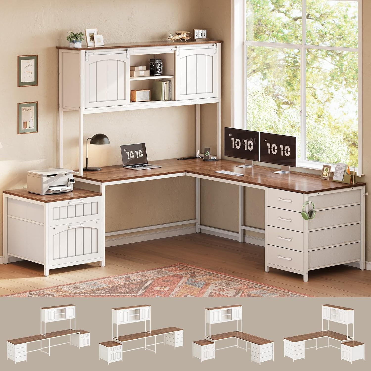 SEDETA Farmhouse L Shaped Desk with Drawers & Hutch, Home Office Desk with File Drawer & Sliding Barn Doors, Two person Desk with Power Outlets, Corner Computer Desk for Bedroom, White