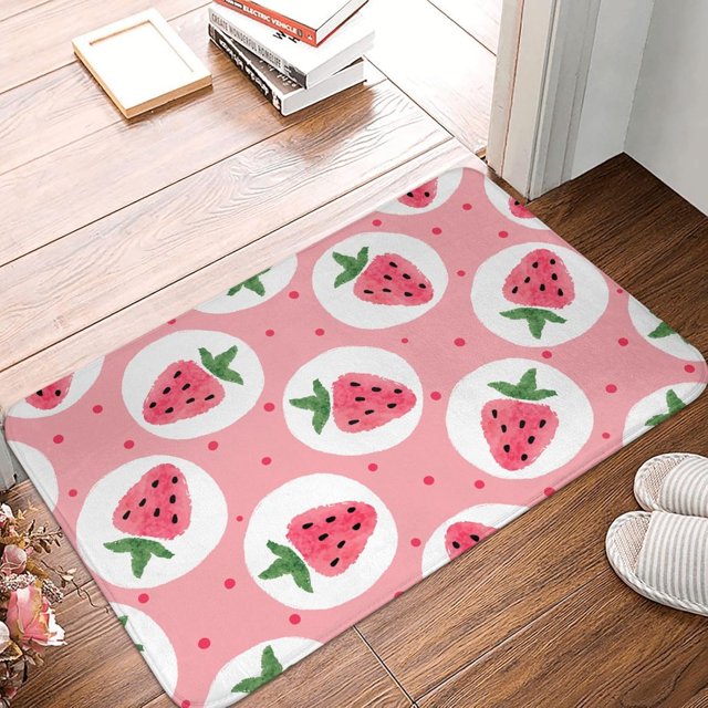 Front Door Mat Cute Delicious Strawberry Bedroom Entryway Rug Non-Slip Washable Indoor Carpet Doormat Decorative Low Profile Area Rug for Home Living Room Bedroom Laundry Floor Decor, 24 x 16 Inch