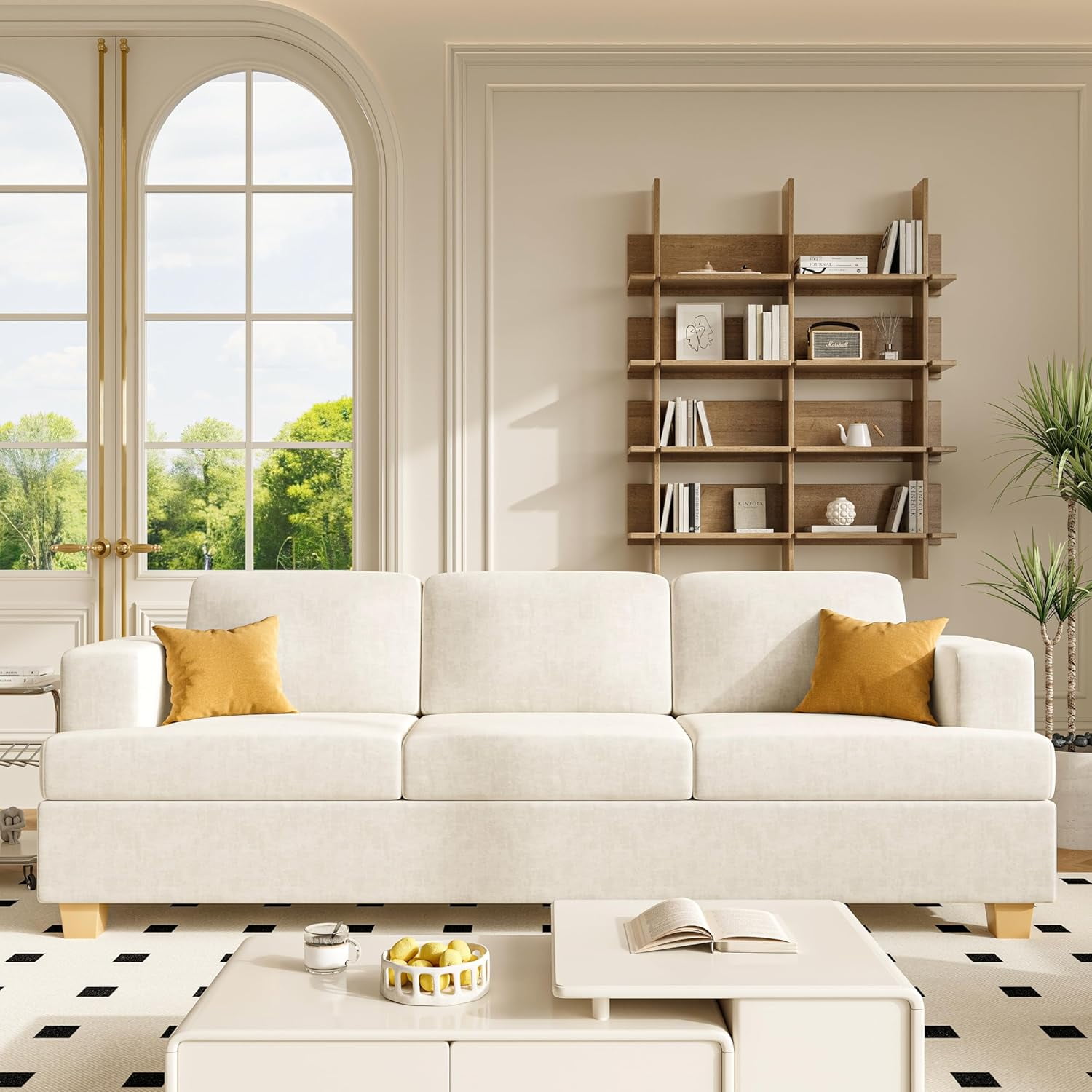 Techmilly Modern Comfy Deep Seat Sofa,3 Seater,for Living Room Bedroom,Apartment,Lounge,Beige Chenille