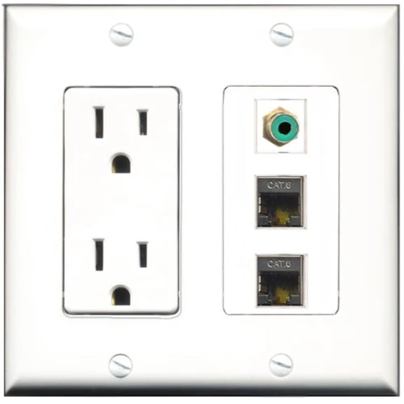 RiteAV - 15 Amp Power Outlet 1 Port RCA Green 2 Port Shielded Cat6 Ethernet Ethernet Decorative Wall Plate