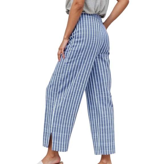 Rhuody Casual Pants For Women Stylish Striped Loose Fit High Waist Nine Inch Straight Leg Trousers Retro Daily Wear Blue L