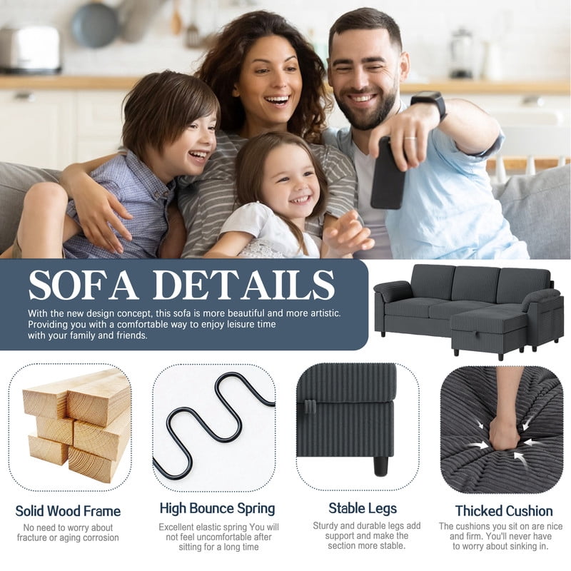 Walsunny 79" Convertible Sectional Sofa, L Shaped Sofa Couch with Reversible Chaise for Living Room Modern Linen Fabric for Living Room, Dark Gray