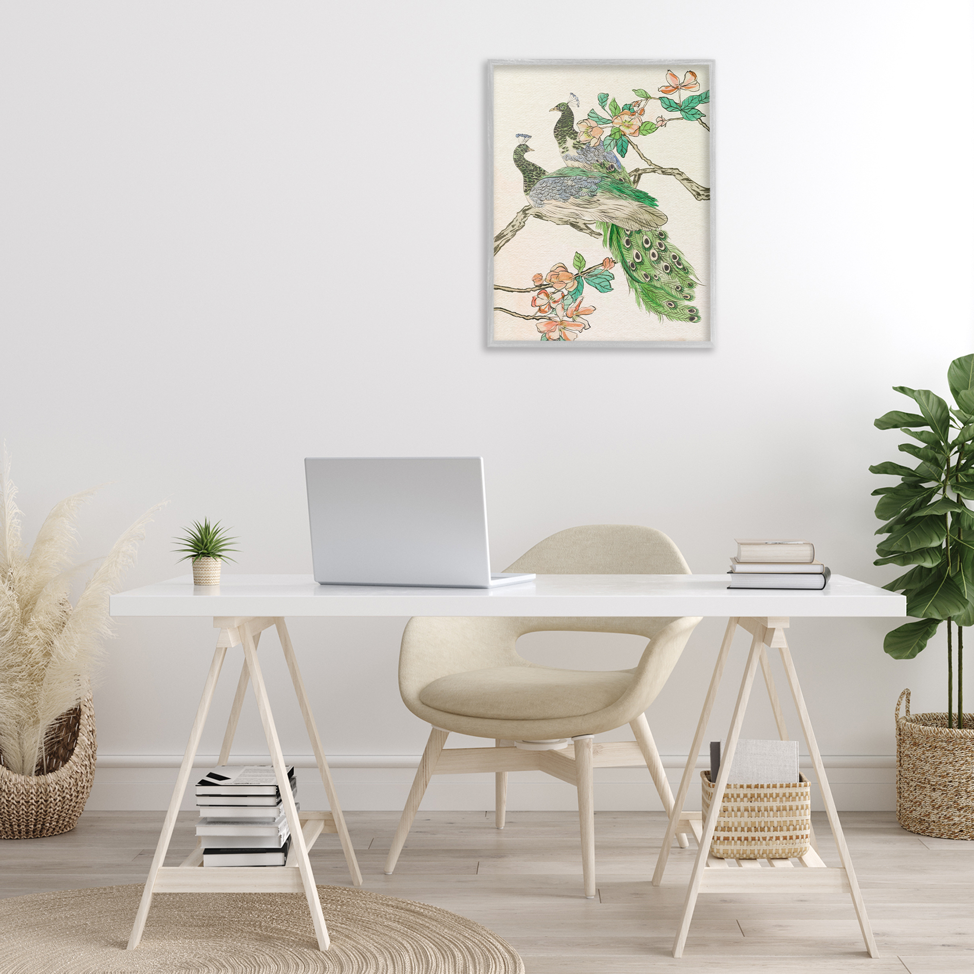 Stupell Industries Peacock Perched on Branch Animals & Insects Painting Gray Framed Art Print Wall Art, 24 x 30