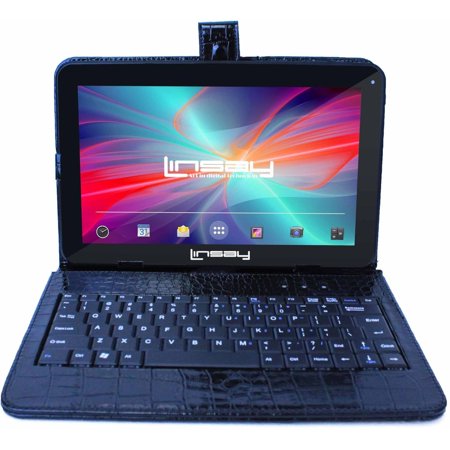 LINSAY 10.1" Quad Core Tablet with Black Crocodile Style Keyboard Case 32GB