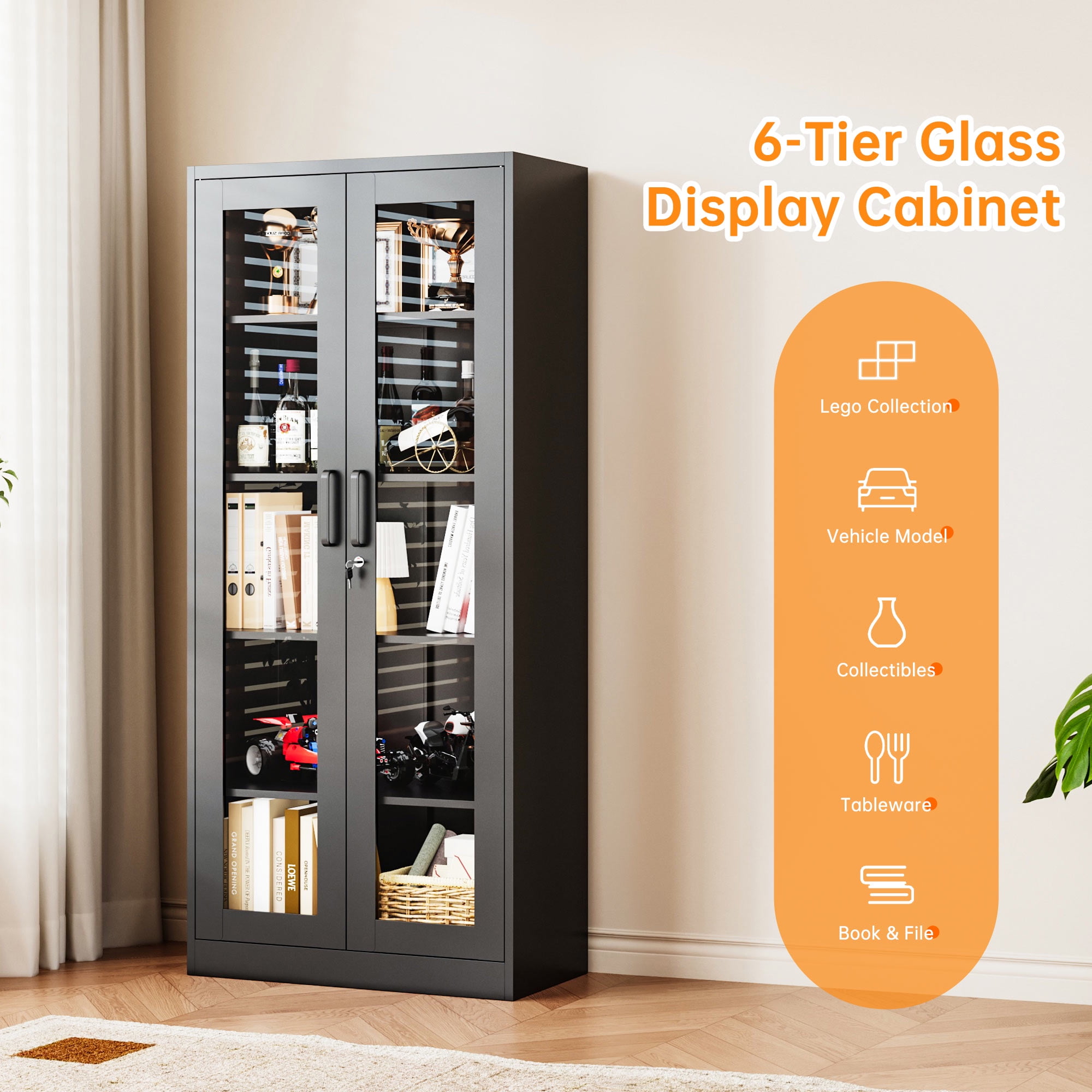 STANI 71"H Metal Glass Display Cabinet, 4 Adjustable Shelves,Lockable Storage Cabinets with Tempered Glass Door, for Home Office Pantry Bathroom,Black