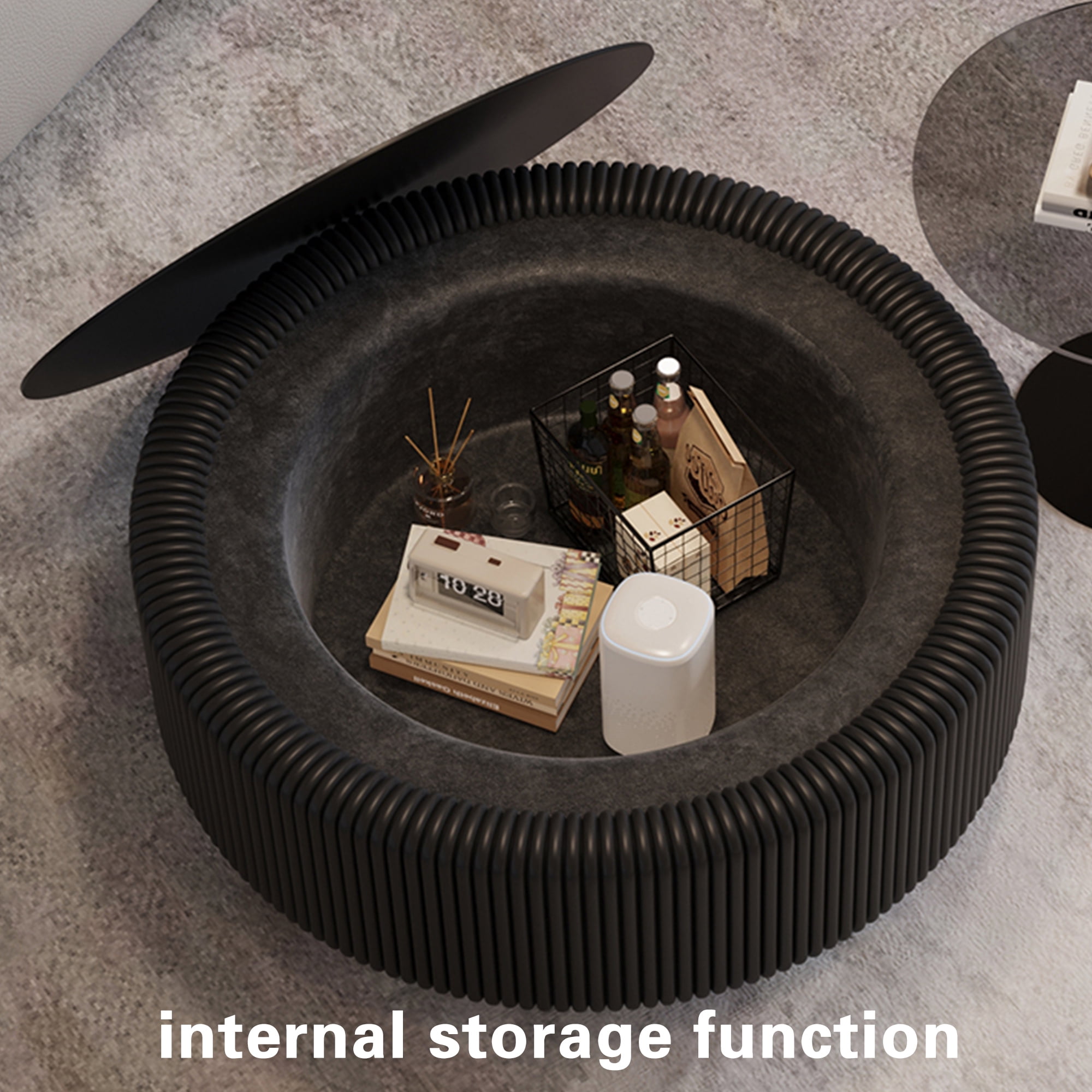 Leumius Round Fluted Coffee Table with Tempered Glass Top, PU Leather Body , Baked Enamel Metal Base & Hidden Storage , Modern Minimalist Accent Table for Living Room Black
