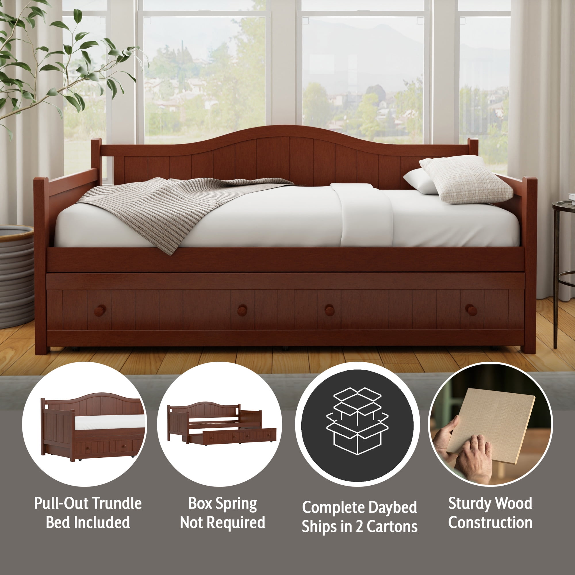 Woven Paths Staci Traditional Arched Beadboard Wood Twin Daybed with Trundle, Cherry