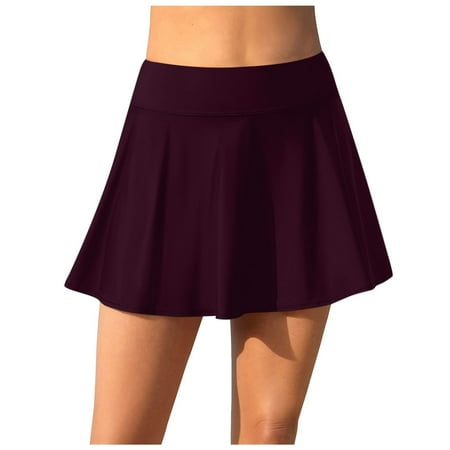GUOBIOZIY Swim Skirts Women Women s Swimdress Ruched Ruffle Swim Skirt Bikini Bottom High Waist Built-in Swim Bottoms Spring Summer Trend Swimwear Skirt (Wine S)