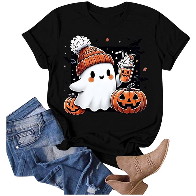 T-shirt Graphique d'Halloween pour Femme, Manches Courtes, Décontracté, Confortable, Mélangé, Tenue Quotidienne, Haut Stylé