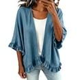 thumbnail image 2 of Miqool Womens Ruffled Denim Cardigans Open Front Lightweight 3/4 Sleeve Casual Trendy Jean Jackets Outerwear, 2 of 9