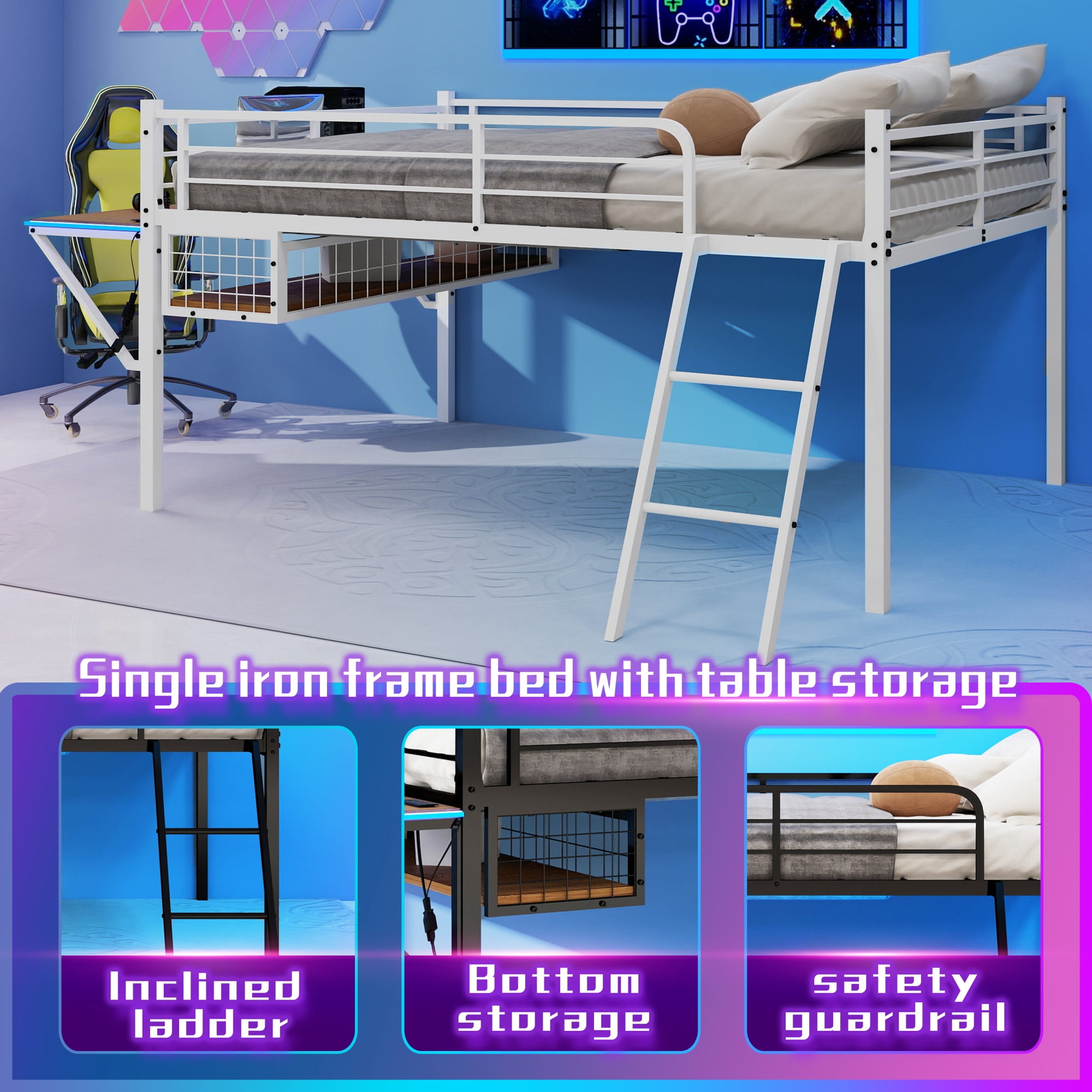 Alvantor Loft Bed Full Size with Desk & LED Strip, Metal Bed Frame with Inclined Ladder for Kids/Teens, No Box Spring Needed White
