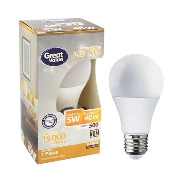 Foco LED A19 Great Value Luz Cálida 5 W