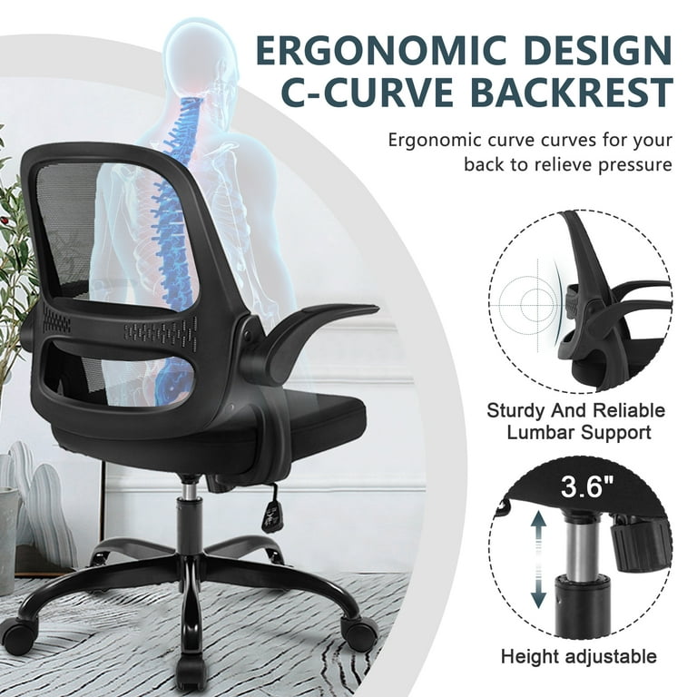 Coolhut Ergonomic Office Chair, Comfort Home Office Task Chair, Lumbar  Support Ergonomic Mesh Desk Chair with Flip-up Arms, 300lbs, Black 