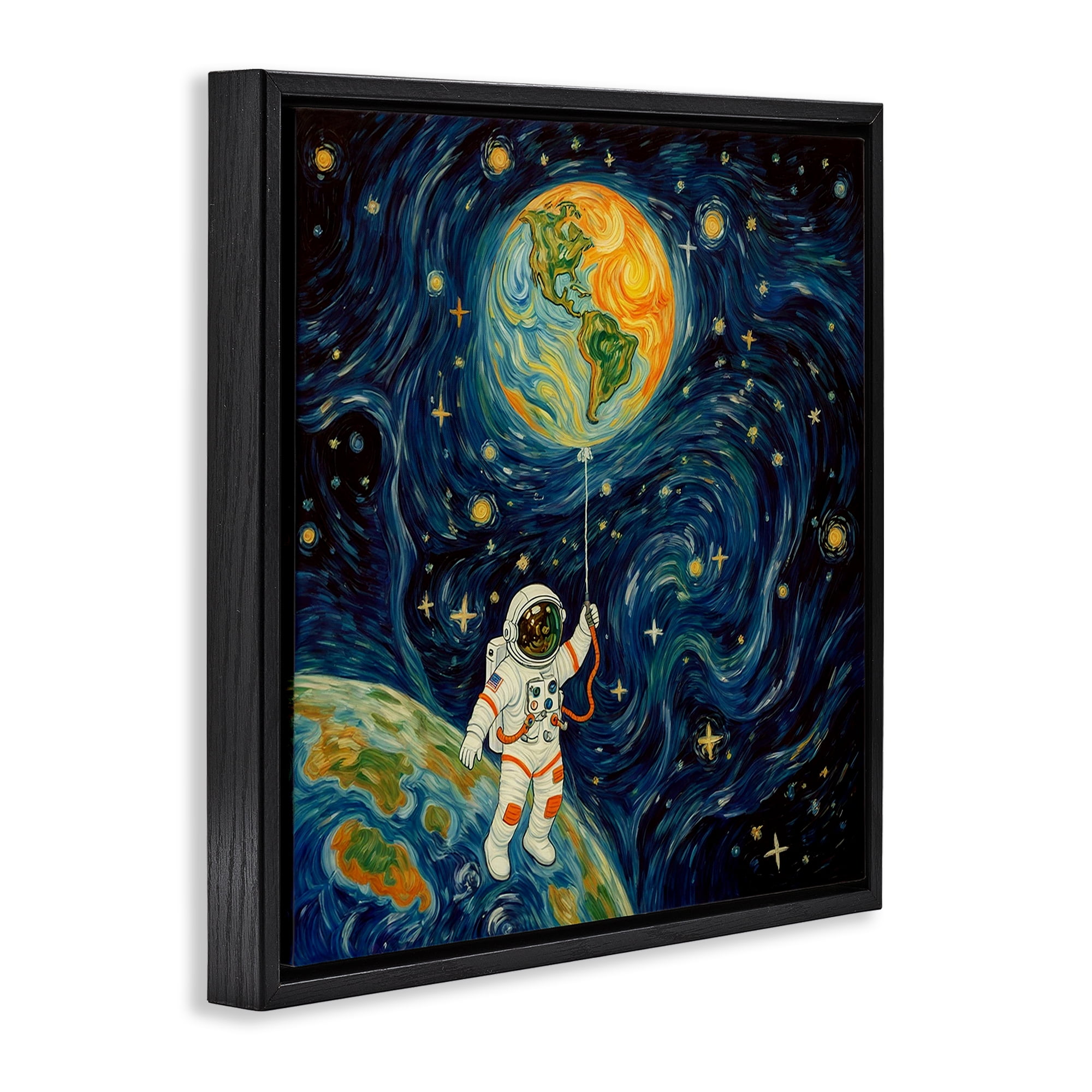 Astronaut with Earth Balloon Black Framed Floater Canvas Wall Art, design by Angie Hawke