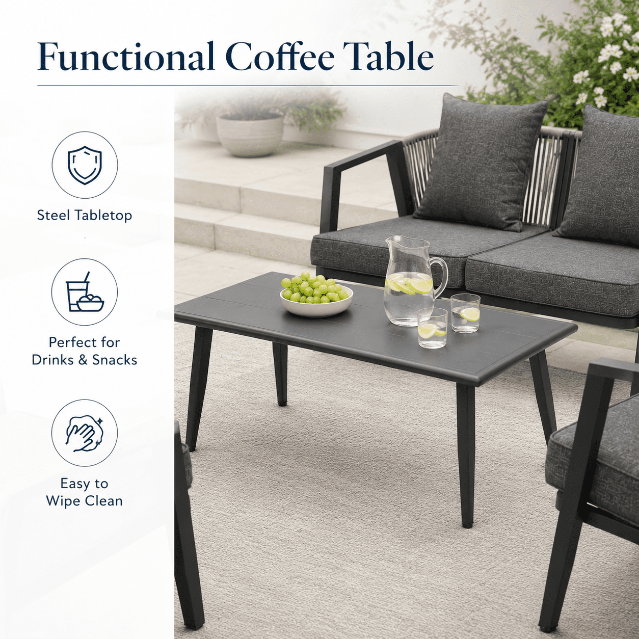 Patio Furniture Set on Sale, 4-Piece Outdoor Conversation Set with Thickened Cushions, Heavy-duty Iron Frame Sectional Sofa Set with Steel Coffee Table for Patio, Lawn, Garden, Balcony & Poolside