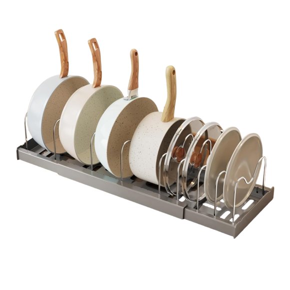 Estante de Ollas, Organizador de Ollas y Sartenes Corredero, 9 Compartimentos Ajustables Estante Tapas de Ollas Cajon Gris, Acero inoxidable para Sartenes, Ollas y Tapas(Gris)