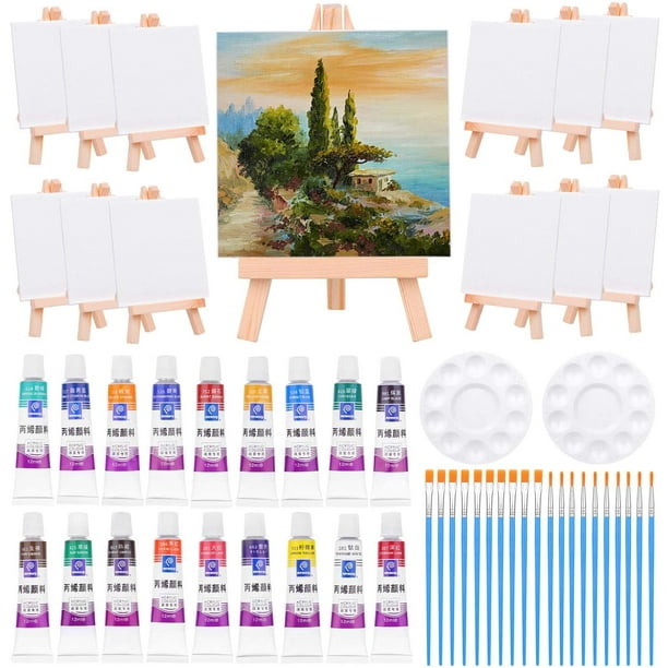  Set of 6 Mini Canvases 4x6 and Easel Set with Water Colors  Paint - Party Favors for Kids 3 to 5 - Goody Bag Stuffers - Kids Paint Set  - Return