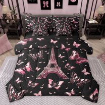 jejeloiu Cartoon Butterflies 7-Piece Twin Bedding Sets,Paris Eiffel Tower Bedding Comforter Set,Pink Black Sheet Sets For Girls Kids,Luxury Bedroom Decor Reversible
