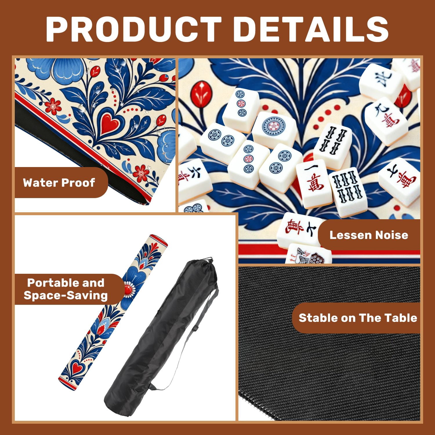 Mahjong Mat 31.5" x 31.5" Floral Red Blue Yellow Flowers patriotic Non-Slip Noise Reduction Mahjong Tiles Table Cover for Dominoes Poker Card Board and Tile Games