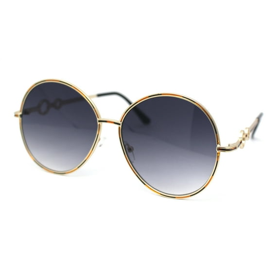 Womens Oversize Round Inlay Tortoise Metal Rim Fashion Sunglasses Gold - Smoke