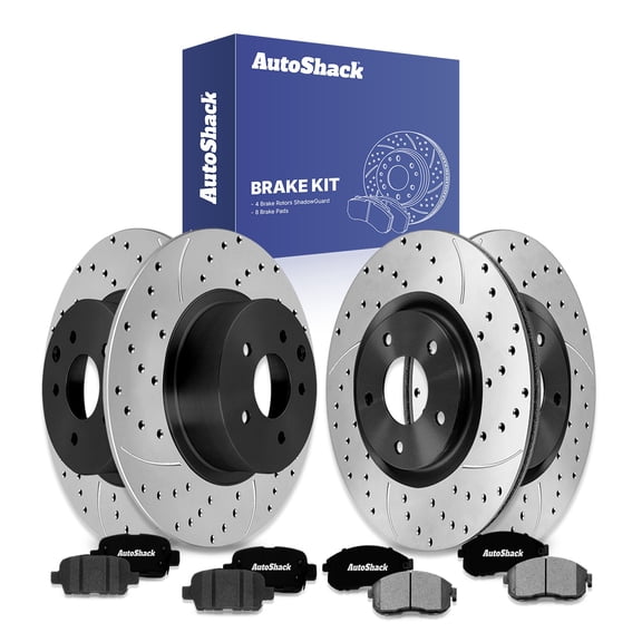 AutoShack Front Vented & Rear Solid Drilled & Slotted E-Coated Brake Rotors   Ceramic Pads 12-PC Brake Kit Replacement for 2017-2019 Nissan Sentra 2011-2017 Nissan Juke ShadowGuard