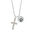 thumbnail image 2 of Delight Jewelry Stainless Steel Proverbs 31:25 - She is Clothed Engraved Cross - Silvertone Script Initial Disc - D - Charm Necklace, 20"+3", 2 of 4