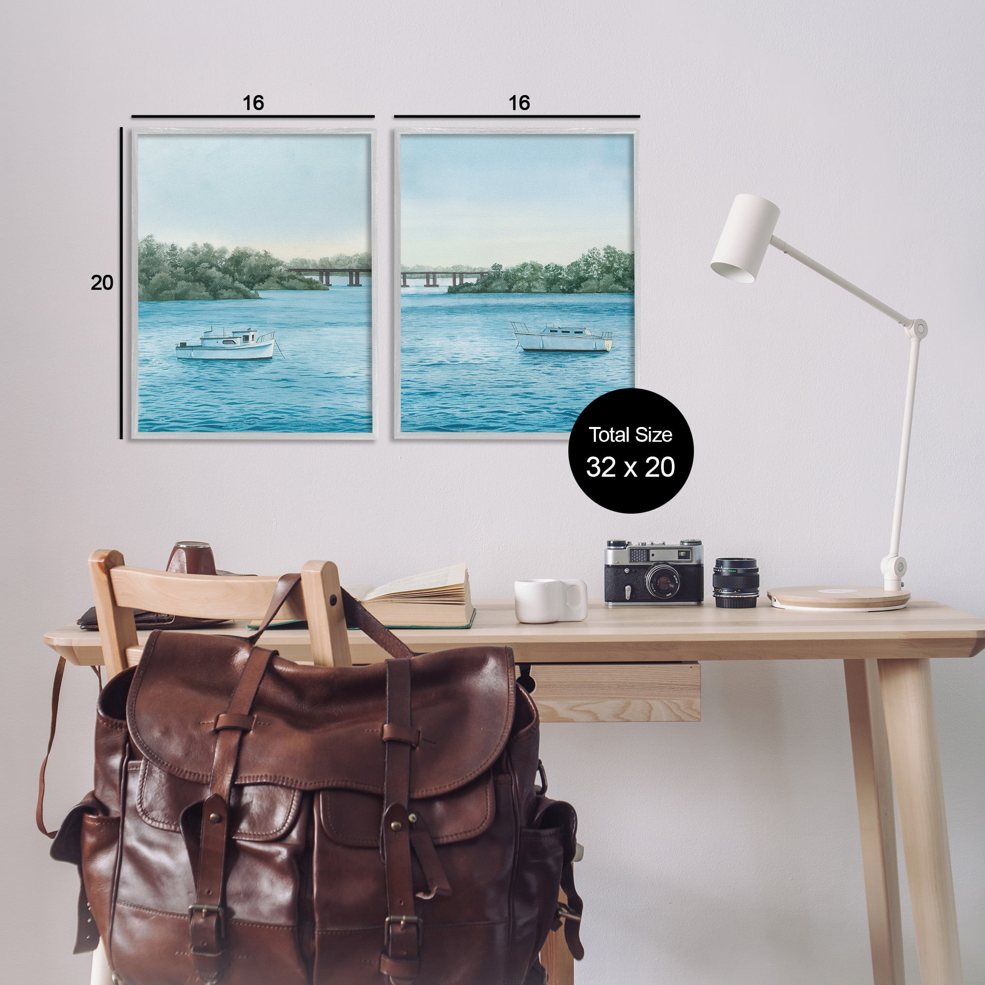 Stupell Industries Serene Summer Boats Landscape Painting Gray Framed Art Print Wall Art, 16 x 20, Set of 2