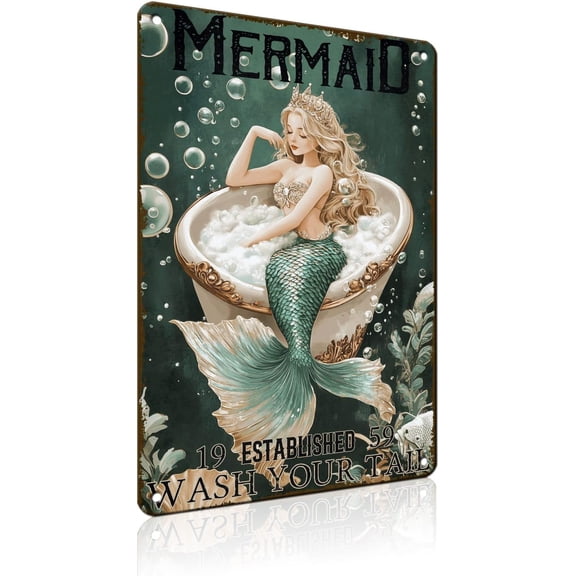 Mermaid Bathroom Wall Decor Funny Wash Your Tail Tin Sign 8x12 Inch for Home, Cafe, Bar, Man Cave