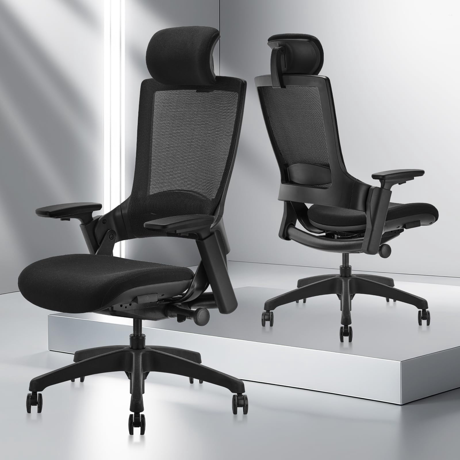 CLATINA Ergonomic High Swivel Executive Chair with Adjustable Height Head 3D Arm Rest Lumbar Support and Upholstered Back for Home Office Black Mesh/High Back