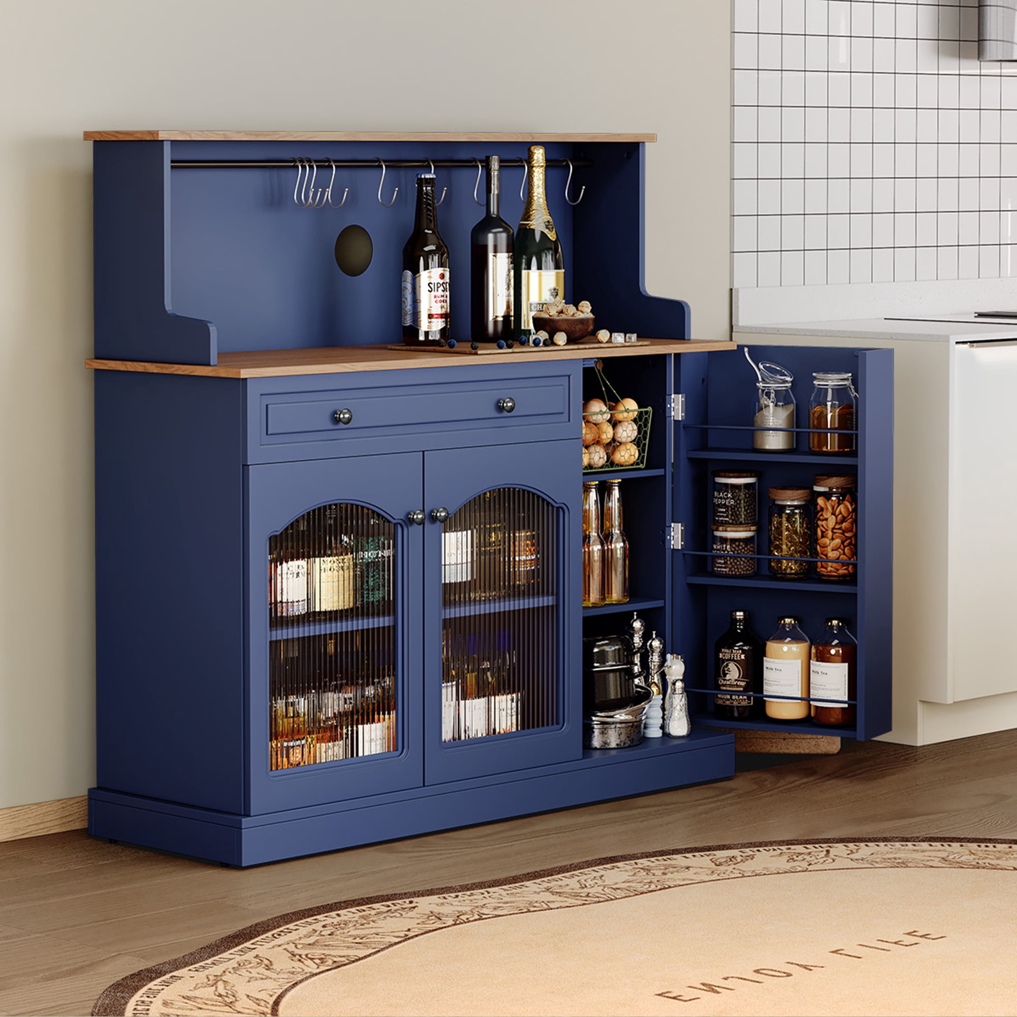 CBJCBJ 48" Modern Wood Kitchen Pantry Cabinet, Coffee Bar with Drawer & Microwave Stand, Dining Room,Blue