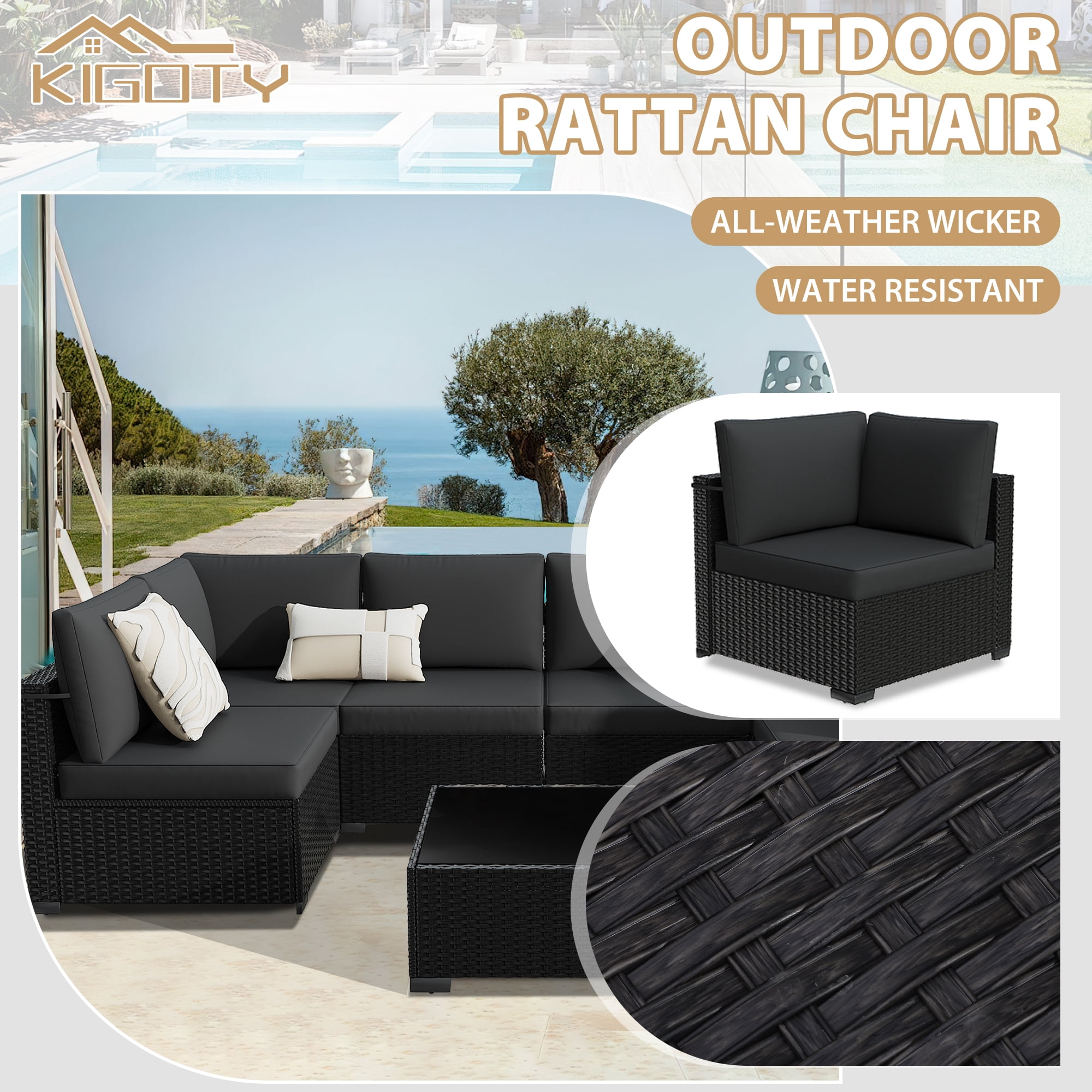 KIGOTY 7 Piece Outdoor Patio Furniture, Wicker Rattan Outdoor Conversation Set Sectional Sofas for Backyard, Garden, Black-Black