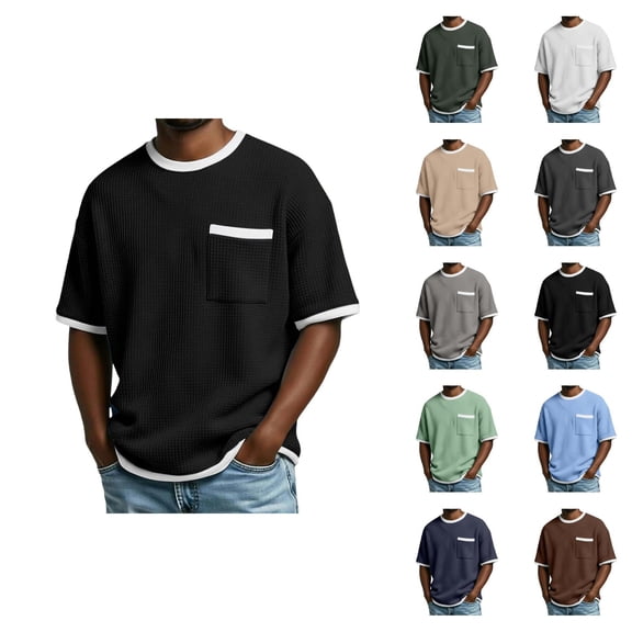 Ringer Tee Men with Pocket Summer Fashion Casual Waffle Weave Crew Neck Short Sleeve Mens T-Shirts Dress Shirts
