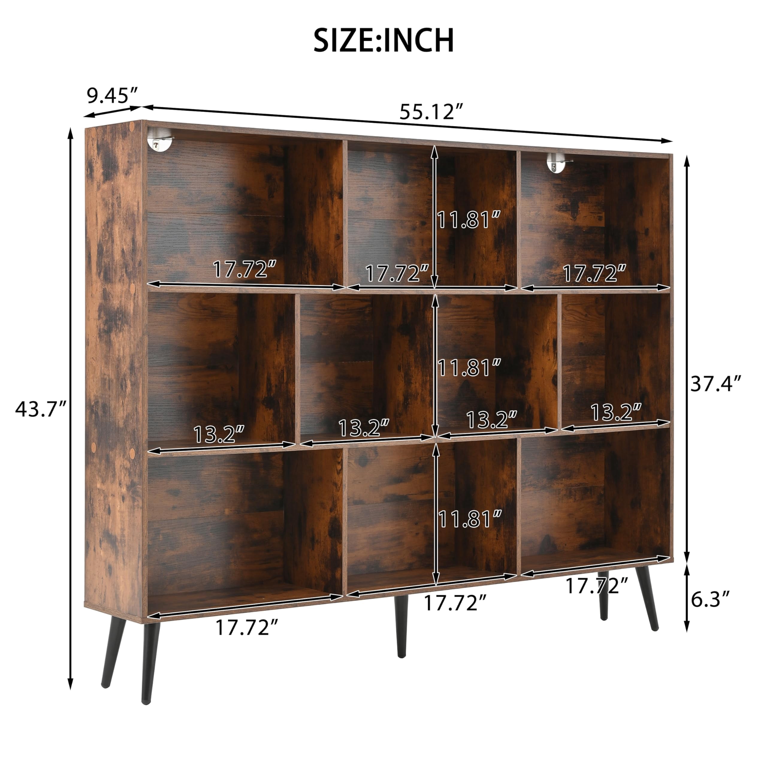 Danolapsi Wooden 3-Tier Open Shelf Bookcase,10 Cubes Bookshelf,3-Tier Floor Standing Display Cabinet Rack,Freestanding Book Shelf Storage Organizer with 5 Iron Legs for Home Office,Living Room