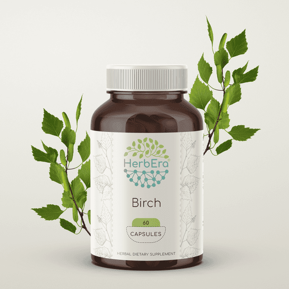 HerbEra Birch Capsules, Herbal Dietary Supplement for Detox Support, Birch (Betula Pendula) Dried Leaf Capsules, Natural, 60 Capsules