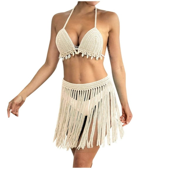 Women Summer 2 Piece Swimsuit Crochet Bathing Suit Cover Ups Fringe Hem Halter Cami Sexy Top and Skirt Cover Up Set
