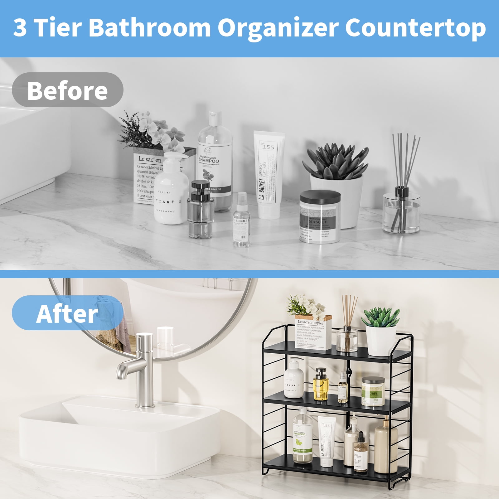 BOIVSHI Bathroom Countertop Organizer 3 Tier Adjustable Spice Rack Counter Organization and Storage for Kitchen Bedroom Offices,Black