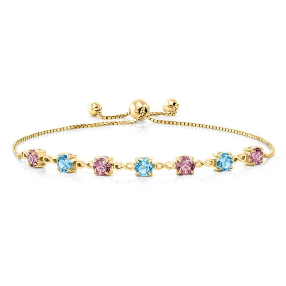 Gem Stone King 18K Yellow Gold Plated Silver Pink Lab Grown Diamond and Swiss Blue Topaz Infinity Links Bracelet for Women (2.94 Cttw, Round 4.5MM, Fully Adjustable up to 9 inch)