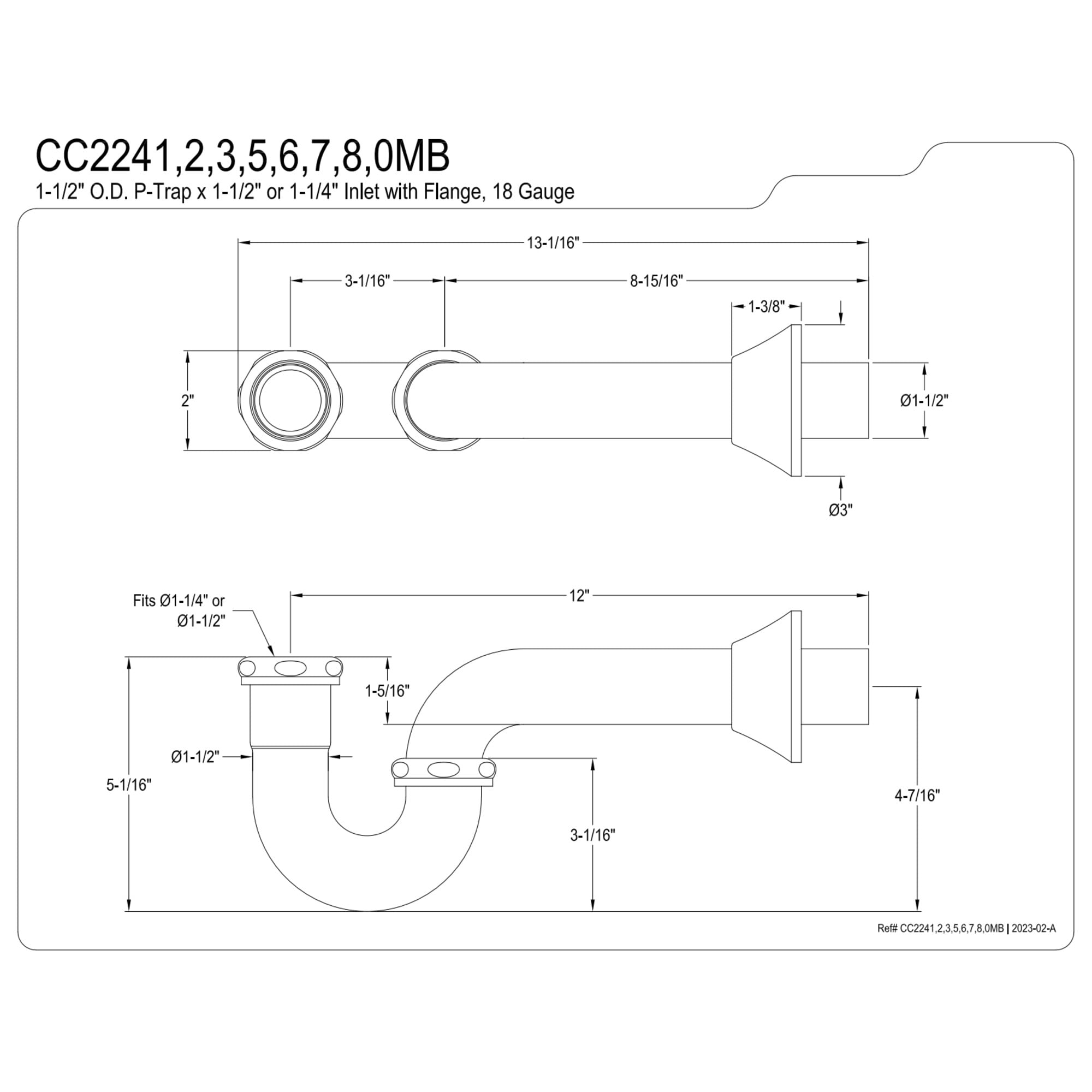 Kingston Brass CC2243 1-1/4" (or 1-1/2") x 1-1/2" P-Trap with Bell Flange, 13-1/16" Length, 18 Gauge, Antique Brass