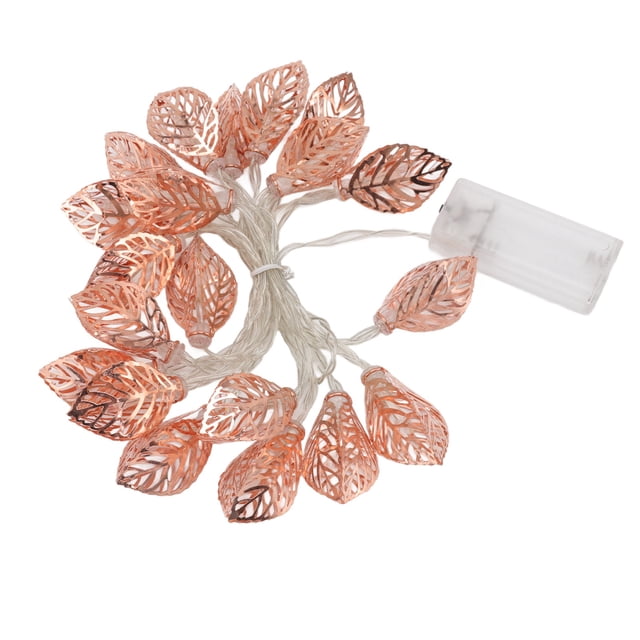 Cadena de luces de oro rosa de 20 LED, resistente al agua, alimentada por batería, con hojas ahuecadas, ideal para fiestas, puertas y interiores.