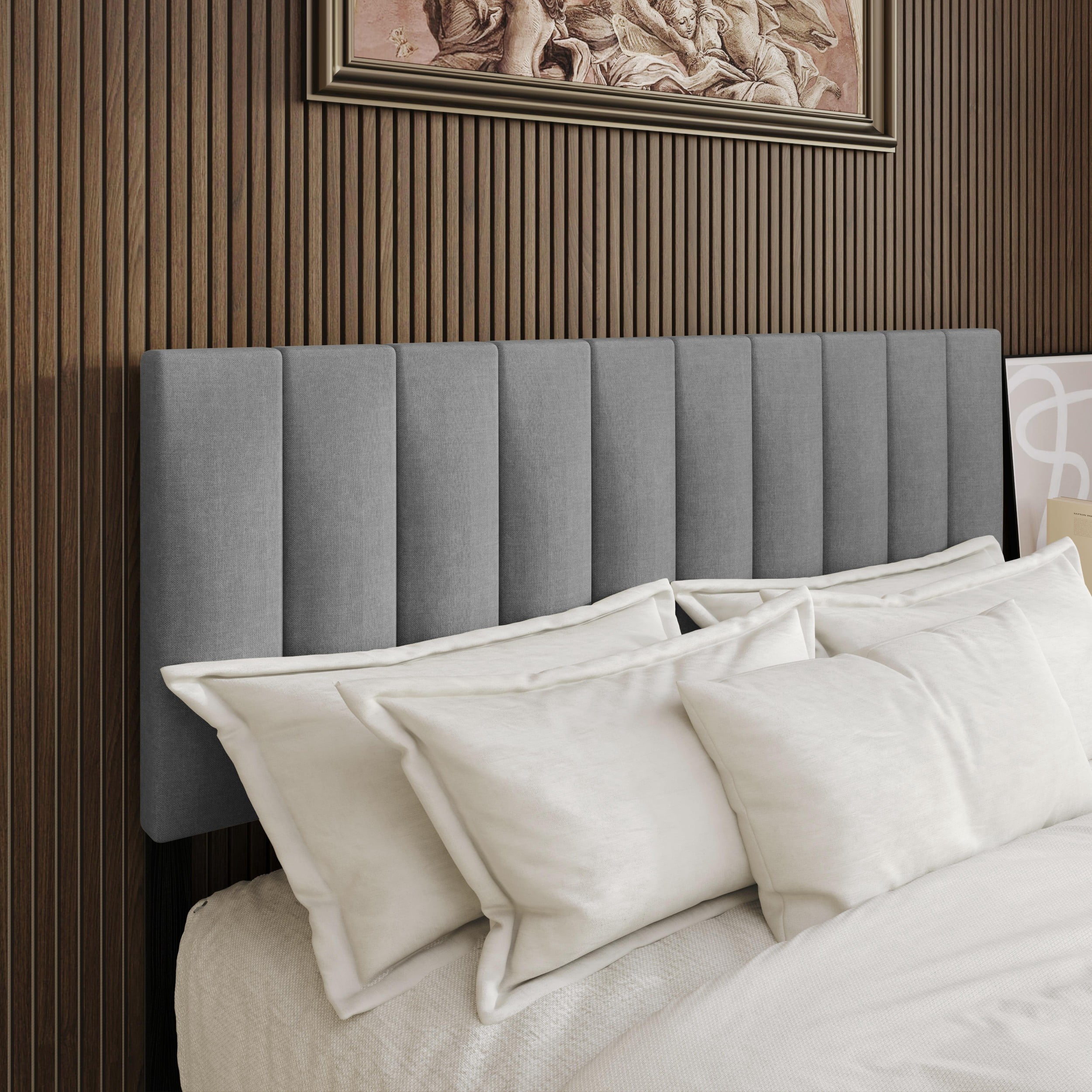 Home Design Dennis Queen Upholstered Headboard with Vertical Channel Design, Adjustable Height, Gray